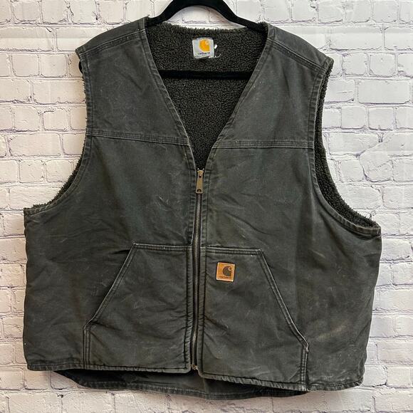 Carhartt Other - Vintage Charhartt Faded Black Sherpa Lined V Neck Zip Up Vest Men's 2XL V26 BLK